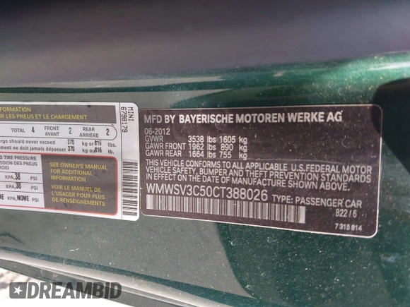 2012 MINI Hardtop S with VIN WMWSV3C50CT388026, listed as a IAAI auction lot 42093542 with 51,308 mi miles and . Bid and sale history available at DreamBid. Image 9.