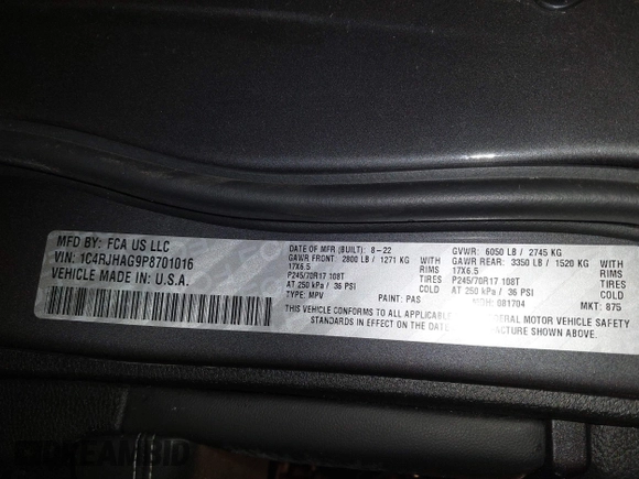 2023 Jeep Grand Cherokee Altitude with VIN 1C4RJHAG9P8701016, listed as a IAAI auction lot 41965933 with Not provided miles and . Bid and sale history available at DreamBid. Image 9.