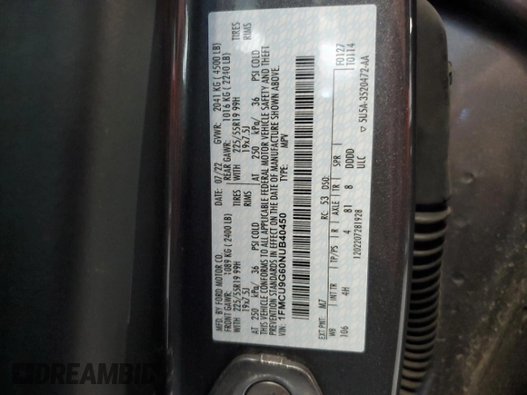 2022 Ford Escape SE with VIN 1FMCU9G60NUB40450, listed as a Copart auction lot 51223465 with 21,351 mi miles and Salvage Title. Bid and sale history available at DreamBid. Image 13.