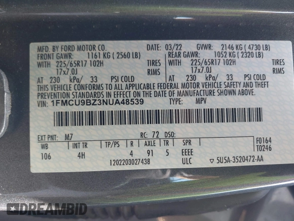 2022 Ford Escape SE Hybrid z VIN 1FMCU9BZ3NUA48539, wystawiony jako IAAI lot #42692826 z przebiegiem 62 778 mil mil oraz . Historia ofert i sprzedaży dostępna na DreamBid. Obrazek 9.