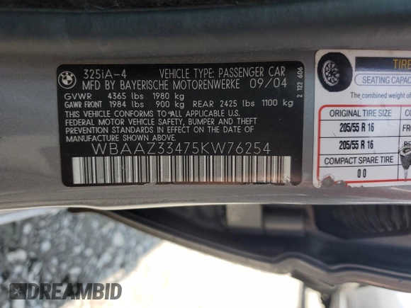 2005 BMW 3 Series 325i with VIN WBAAZ33475KW76254, listed as a Copart auction lot 62022815 with 129,174 mi miles and Clean title. Bid and sale history available at DreamBid. Image 12.