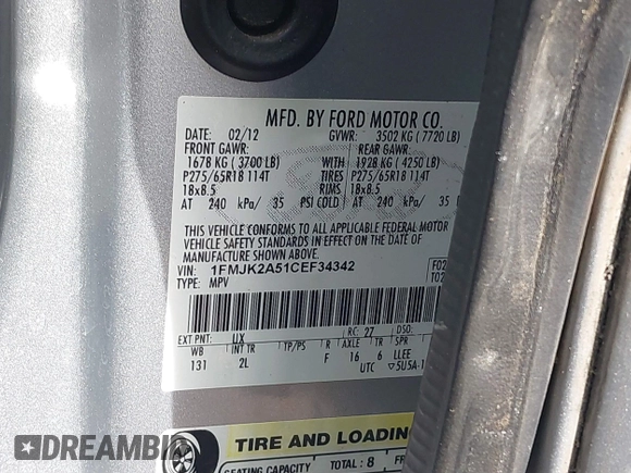 2012 Ford Expedition Max Limited with VIN 1FMJK2A51CEF34342, listed as a IAAI auction lot 41458677 with 235,810 mi miles and . Bid and sale history available at DreamBid. Image 9.