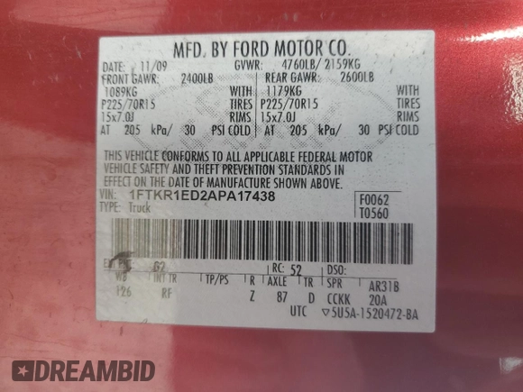 2010 Ford Ranger XL with VIN 1FTKR1ED2APA17438, listed as a Copart auction lot 88821125 with 130,786 mi miles and Salvage Title. Bid and sale history available at DreamBid. Image 12.