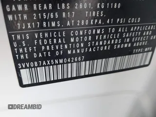 2022 Volkswagen Tiguan S with VIN 3VV0B7AX5NM042667, listed as a IAAI auction lot 41523101 with 41,724 mi miles and . Bid and sale history available at DreamBid. Image 9.