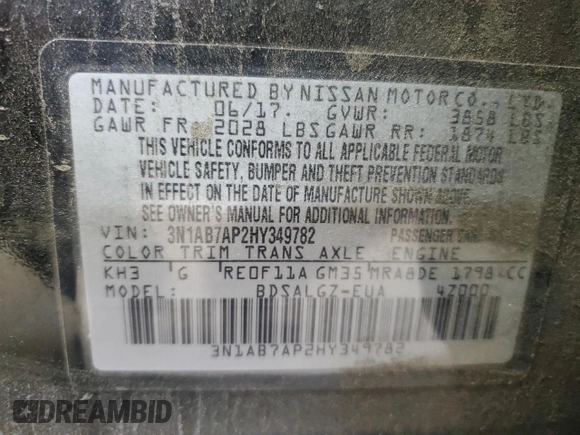 2017 Nissan Sentra SL with VIN 3N1AB7AP2HY349782, listed as a Copart auction lot 62290505 with Not provided miles and Salvage title. Bid and sale history available at DreamBid. Image 12.