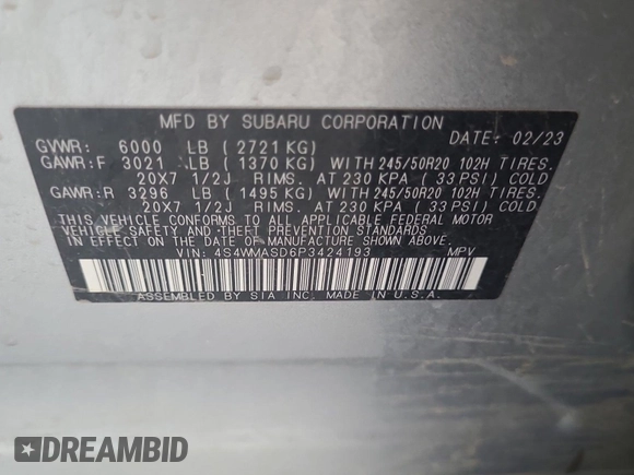 2023 Subaru Ascent Limited with VIN 4S4WMASD6P3424193, listed as a IAAI auction lot 42844149 with 102,381 mi miles and . Bid and sale history available at DreamBid. Image 14.