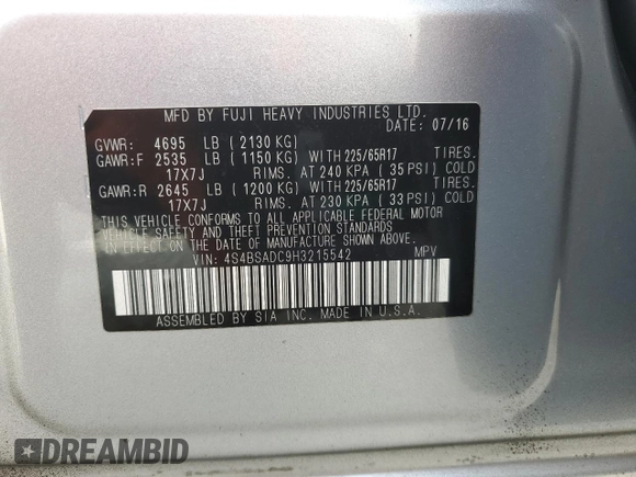 2017 Subaru Outback Premium with VIN 4S4BSADC9H3215542, listed as a Copart auction lot 65432595 with 109,584 mi miles and Salvage title. Bid and sale history available at DreamBid. Image 13.