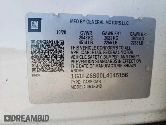 2020 Chevrolet Bolt EV Premier with VIN 1G1FZ6S00L4145156, listed as a Copart auction lot 59039905 with 48,756 mi miles and Salvage title. Bid and sale history available at DreamBid. Image 13.