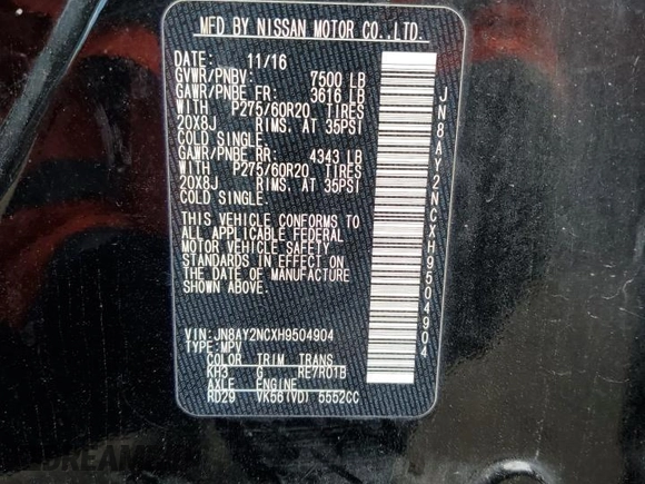 2017 Nissan Armada Platinum z VIN JN8AY2NCXH9504904, wystawiony jako Copart lot #58023935 z przebiegiem Nie podano mil oraz Szkoda całkowita • Salvage title. Historia ofert i sprzedaży dostępna na DreamBid. Obrazek 12.