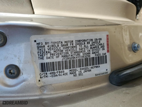 2000 Toyota Camry CE with VIN JT2BG28K4Y0383256, listed as a Copart auction lot 48429575 with 187,761 mi miles and Salvage Title. Bid and sale history available at carsss.com. Image 12.