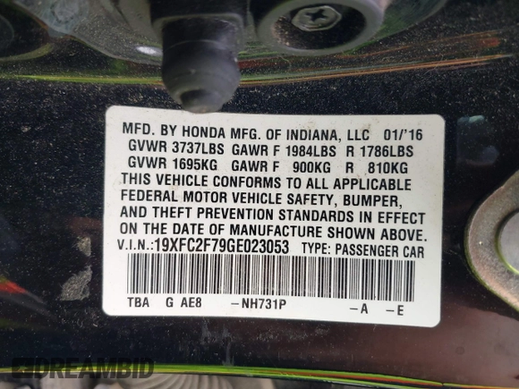 2016 Honda Civic EX with VIN 19XFC2F79GE023053, listed as a IAAI auction lot 41961571 with 136,054 mi miles and . Bid and sale history available at DreamBid. Image 9.