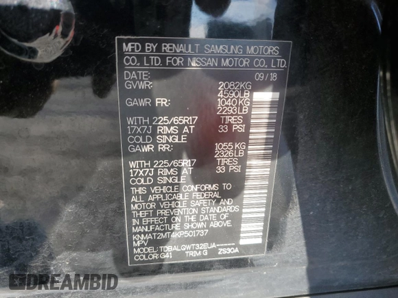 2019 Nissan Rogue SV with VIN KNMAT2MT4KP501737, listed as a Copart auction lot 49803705 with 119,024 mi miles and Salvage Title. Bid and sale history available at carsss.com. Image 14.