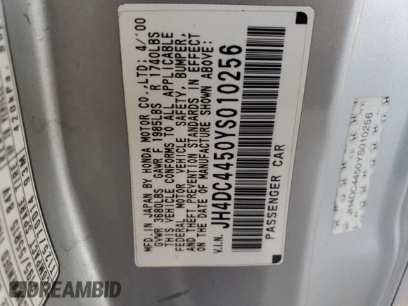 2000 Acura Integra LS с VIN JH4DC4450YS010256, выставлен на аукционе Copart как лот 60734615 с пробегом 199 056 миль миль и Списание • Salvage title. История ставок и продаж доступна на DreamBid. Изображение 12.
