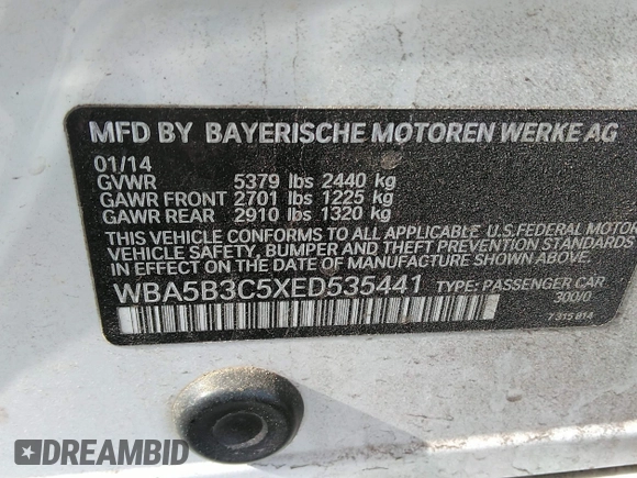 2014 BMW 5 Series 535i xDrive with VIN WBA5B3C5XED535441, listed as a IAAI auction lot 41622013 with 132,024 mi miles and . Bid and sale history available at carsss.com. Image 9.