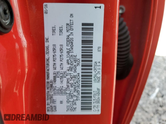 2016 Toyota Tundra 4WD Truck SR with VIN 5TFUW5F10GX524344, listed as a Copart auction lot 46623305 with 182,901 mi miles and Salvage Title. Bid and sale history available at carsss.com. Image 12.