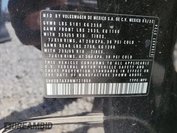 2022 Volkswagen Tiguan SE с VIN 3VV3B7AX8NM121859, выставлен на аукционе Copart как лот 53193415 с пробегом 24 559 миль миль и Списание • Salvage title. История ставок и продаж доступна на DreamBid. Изображение 13.
