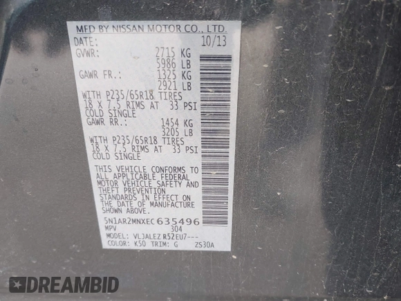 2014 Nissan Pathfinder SL with VIN 5N1AR2MNXEC635496, listed as a IAAI auction lot 42196222 with 177,254 mi miles and . Bid and sale history available at DreamBid. Image 9.