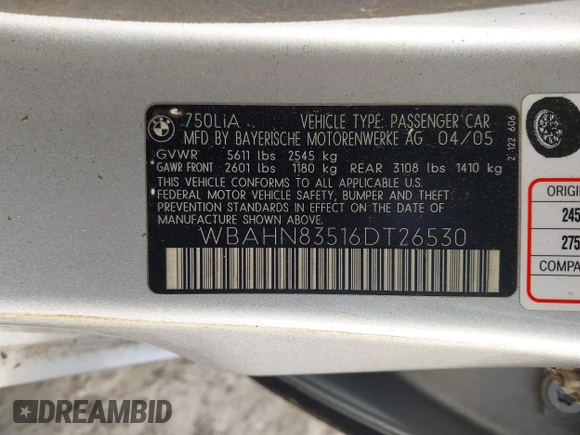 2006 BMW 7 Series 750Li with VIN WBAHN83516DT26530, listed as a IAAI auction lot 41847014 with Not Provided miles and . Bid and sale history available at carsss.com. Image 9.