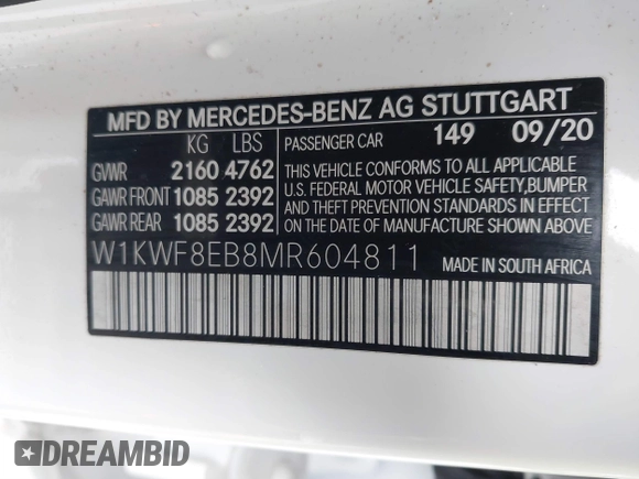 2021 Mercedes-Benz C 300 with VIN W1KWF8EB8MR604811, listed as a IAAI auction lot 41507214 with 29,349 mi miles and . Bid and sale history available at DreamBid. Image 9.