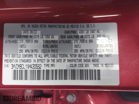 2022 Mazda CX-30 S Carbon Edition с VIN 3MVDMBCL1NM430582, выставлен на аукционе IAAI как лот 41825117 с пробегом 74 181 миль миль и . История ставок и продаж доступна на DreamBid. Изображение 9.