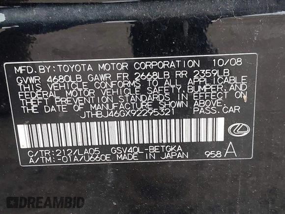 2009 Lexus ES 350 with VIN JTHBJ46GX92295321, listed as a IAAI auction lot 42079348 with 196,946 mi miles. Bid and sale history available at carsss.com. Image 9.