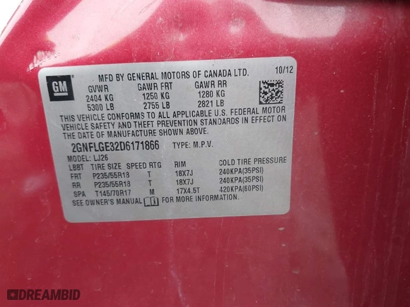 2013 Chevrolet Equinox LTZ with VIN 2GNFLGE32D6171866, listed as a IAAI auction lot 41150986 with 1 mi miles. Bid and sale history available at carsss.com. Image 9.
