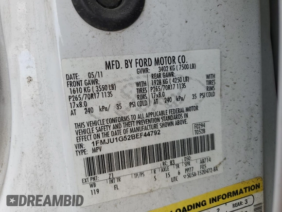 2011 Ford Expedition XL with VIN 1FMJU1G52BEF44792, listed as a Copart auction lot 60239245 with 162,250 mi miles and Salvage title. Bid and sale history available at DreamBid. Image 13.