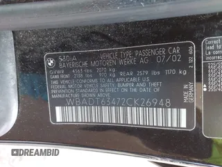 2002 BMW 5 Series 530iA with VIN WBADT63472CK26948, listed as a IAAI auction lot 41510150 with 103,746 mi miles. Bid and sale history available at carsss.com. Image 9.