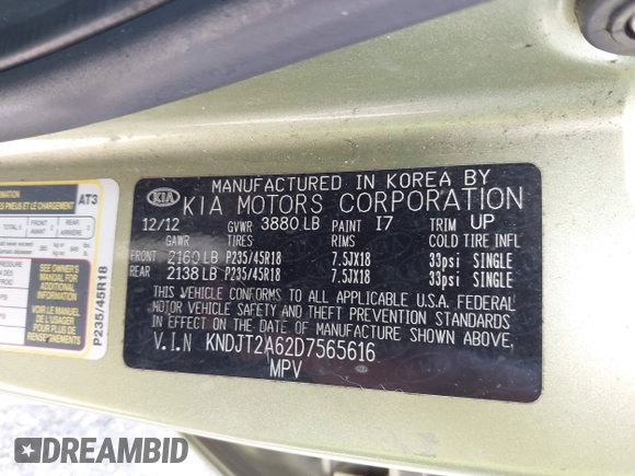 2013 Kia Soul + with VIN KNDJT2A62D7565616, listed as a IAAI auction lot 42137557 with Not Provided miles and . Bid and sale history available at DreamBid. Image 9.