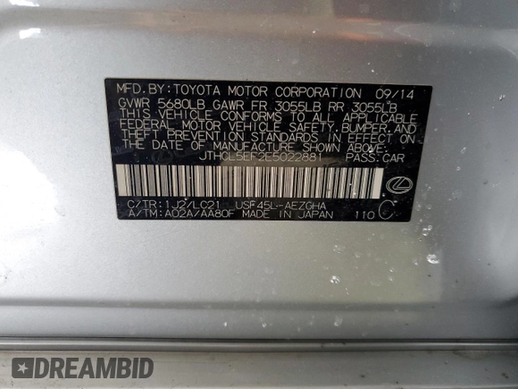 2014 Lexus LS 460 with VIN JTHCL5EF2E5022881, listed as a Copart auction lot 42444115 with 105,105 mi miles and Salvage title. Bid and sale history available at DreamBid. Image 12.