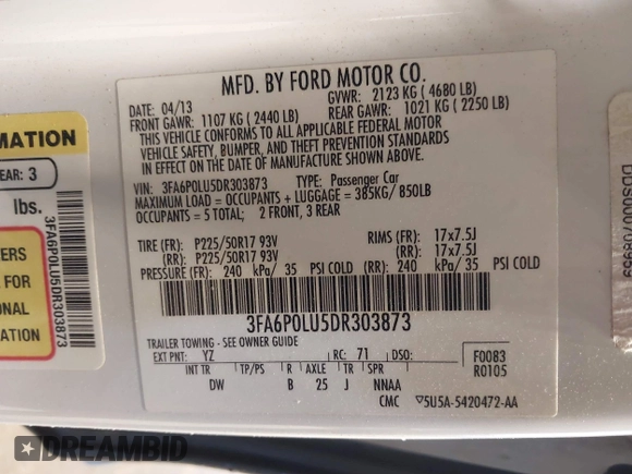 2013 Ford Fusion SE Hybrid with VIN 3FA6P0LU5DR303873, listed as a IAAI auction lot 41074370 with 193,372 mi miles and . Bid and sale history available at DreamBid. Image 9.