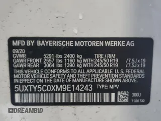 2021 BMW X3 xDrive30i with VIN 5UXTY5C0XM9E14243, listed as a Copart auction lot 50963755 with 27,539 mi miles and Non Repairable. Bid and sale history available at DreamBid. Image 14.