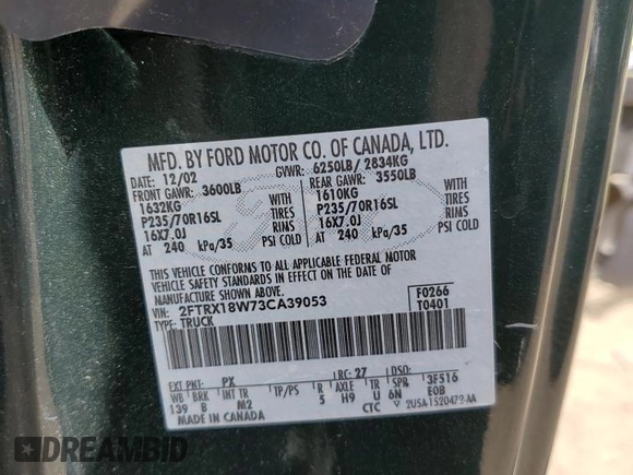 2003 Ford F-150 XL with VIN 2FTRX18W73CA39053, listed as a Copart auction lot 49522345 with 2,959,065 mi miles and Salvage Title. Bid and sale history available at carsss.com. Image 12.