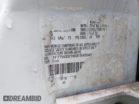 2013 Ford F-250 XL with VIN 1FT7W2BT8DEB45540, listed as a IAAI auction lot 41841007 with 424,066 mi miles and . Bid and sale history available at DreamBid. Image 9.