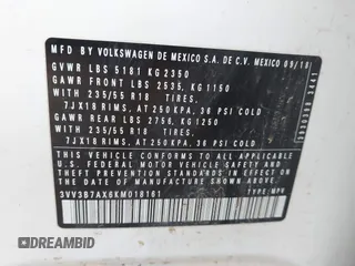 2019 Volkswagen Tiguan SE with VIN 3VV3B7AX6KM018161, listed as a IAAI auction lot 42279398 with 96,534 mi miles and . Bid and sale history available at DreamBid. Image 9.