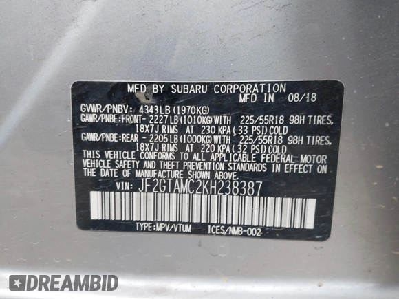 2019 Subaru Crosstrek Limited with VIN JF2GTAMC2KH238387, listed as a IAAI auction lot 42353717 with 127,708 mi miles and . Bid and sale history available at DreamBid. Image 9.