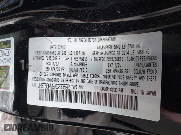 2010 Mazda CX-9 Touring with VIN JM3TB3MV9A0233592, listed as a IAAI auction lot 41433002 with 194,270 mi miles and . Bid and sale history available at DreamBid. Image 9.