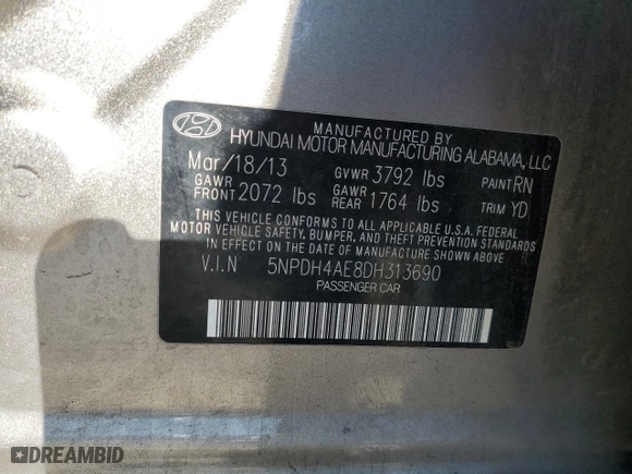 2013 Hyundai Elantra GLS with VIN 5NPDH4AE8DH313690, listed as a Copart auction lot 47102125 with 149,525 mi miles and Salvage Title. Bid and sale history available at carsss.com. Image 13.