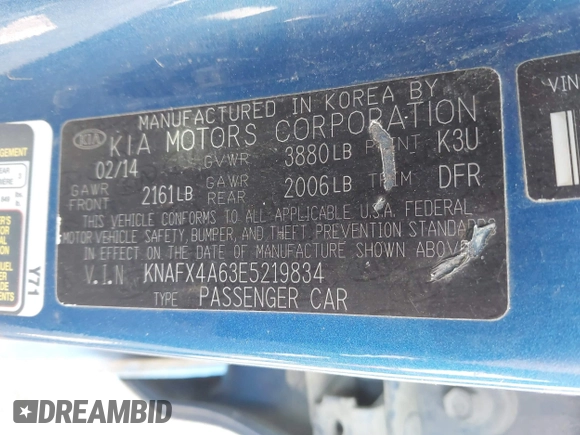 2014 Kia Forte LX with VIN KNAFX4A63E5219834, listed as a IAAI auction lot 42069749 with Not Provided miles and . Bid and sale history available at carsss.com. Image 9.