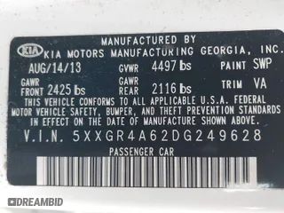 2013 Kia Optima SX w/Limited Pkg with VIN 5XXGR4A62DG249628, listed as a IAAI auction lot 41899068 with 125,947 mi miles. Bid and sale history available at carsss.com. Image 9.