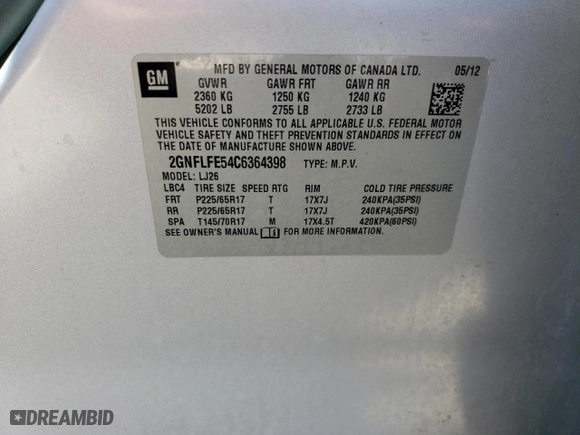 2012 Chevrolet Equinox LTZ with VIN 2GNFLFE54C6364398, listed as a Copart auction lot 49232045 with 242,702 mi miles and Clean Title. Bid and sale history available at carsss.com. Image 12.