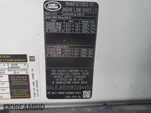 2024 Land Rover Defender with VIN SALEJEEU5R2294453, listed as a Copart auction lot 81568094 with Not provided miles and Non repairable. Bid and sale history available at DreamBid. Image 13.