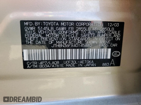 2004 Lexus LS 430 with VIN JTHBN36FX40145882, listed as a Copart auction lot 47638905 with 161,238 mi miles and Salvage Title. Bid and sale history available at DreamBid. Image 13.