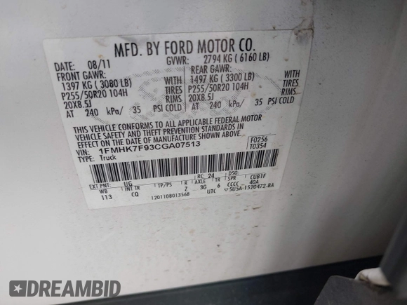 2012 Ford Explorer Limited с VIN 1FMHK7F93CGA07513, выставлен на аукционе IAAI как лот 42345049 с пробегом 170 118 миль миль и . История ставок и продаж доступна на DreamBid. Изображение 9.
