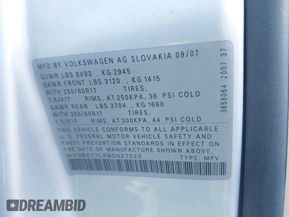 2008 Volkswagen Touareg V6 z VIN WVGBE77LX8D027323, wystawiony jako IAAI lot #41240460 z przebiegiem 140 330 mil mil oraz . Historia ofert i sprzedaży dostępna na DreamBid. Obrazek 9.
