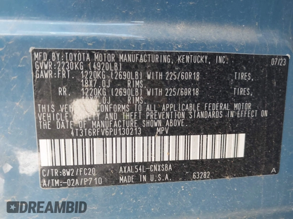 2023 Toyota RAV4 Hybrid SE with VIN 4T3T6RFV6PU130213, listed as a IAAI auction lot 42066860 with Not provided miles and . Bid and sale history available at DreamBid. Image 9.