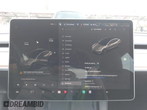 2023 Tesla Model 3 with VIN 5YJ3E1EA2PF623217, listed as a IAAI auction lot 41701413 with 21,246 mi miles and . Bid and sale history available at DreamBid. Image 7.