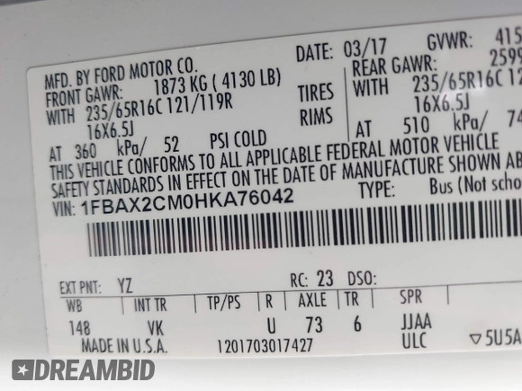 2017 Ford Transit XL with VIN 1FBAX2CM0HKA76042, listed as a IAAI auction lot 42475759 with 92,451 mi miles and . Bid and sale history available at DreamBid. Image 9.