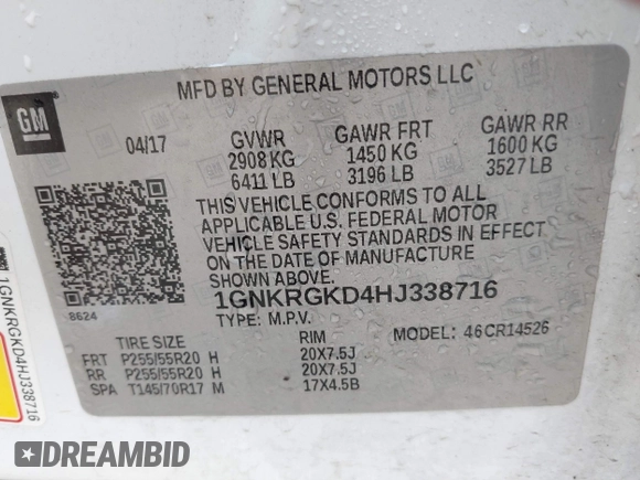 2017 Chevrolet Traverse LT with VIN 1GNKRGKD4HJ338716, listed as a IAAI auction lot 40265414 with 131,097 mi miles and . Bid and sale history available at DreamBid. Image 9.