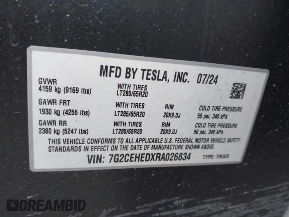 2024 Tesla Cybertruck с VIN 7G2CEHEDXRA026834, выставлен на аукционе IAAI как лот 41448419 с пробегом 2 938 миль миль и . История ставок и продаж доступна на DreamBid. Изображение 9.